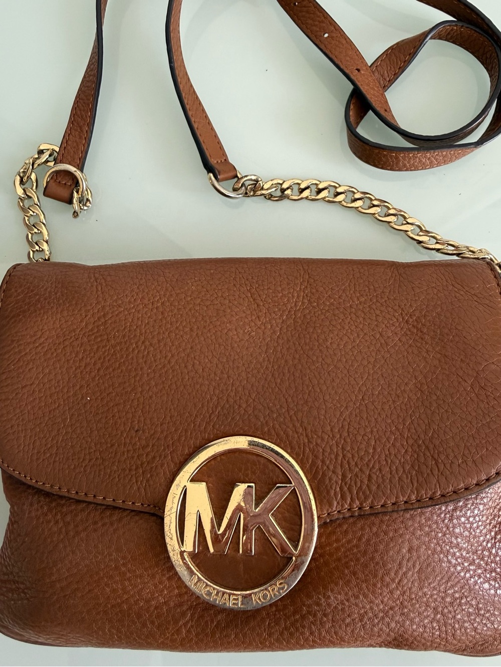 Michael Kors Cognac Leather Crossbody with Gold Logo Medallion